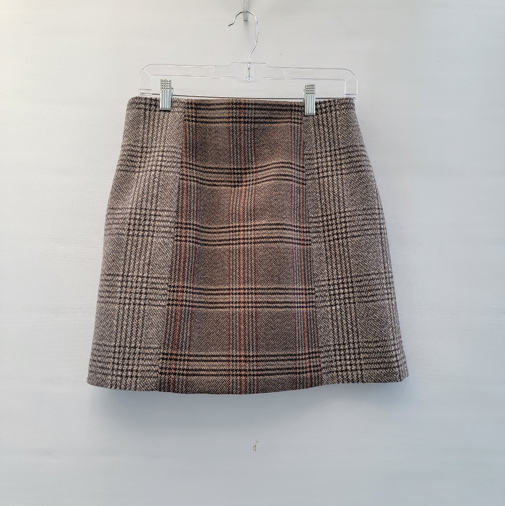 Sandro Plaid Wool Academia Skirt Size 3 Medium Tan Brown Neutral Preppy Classic